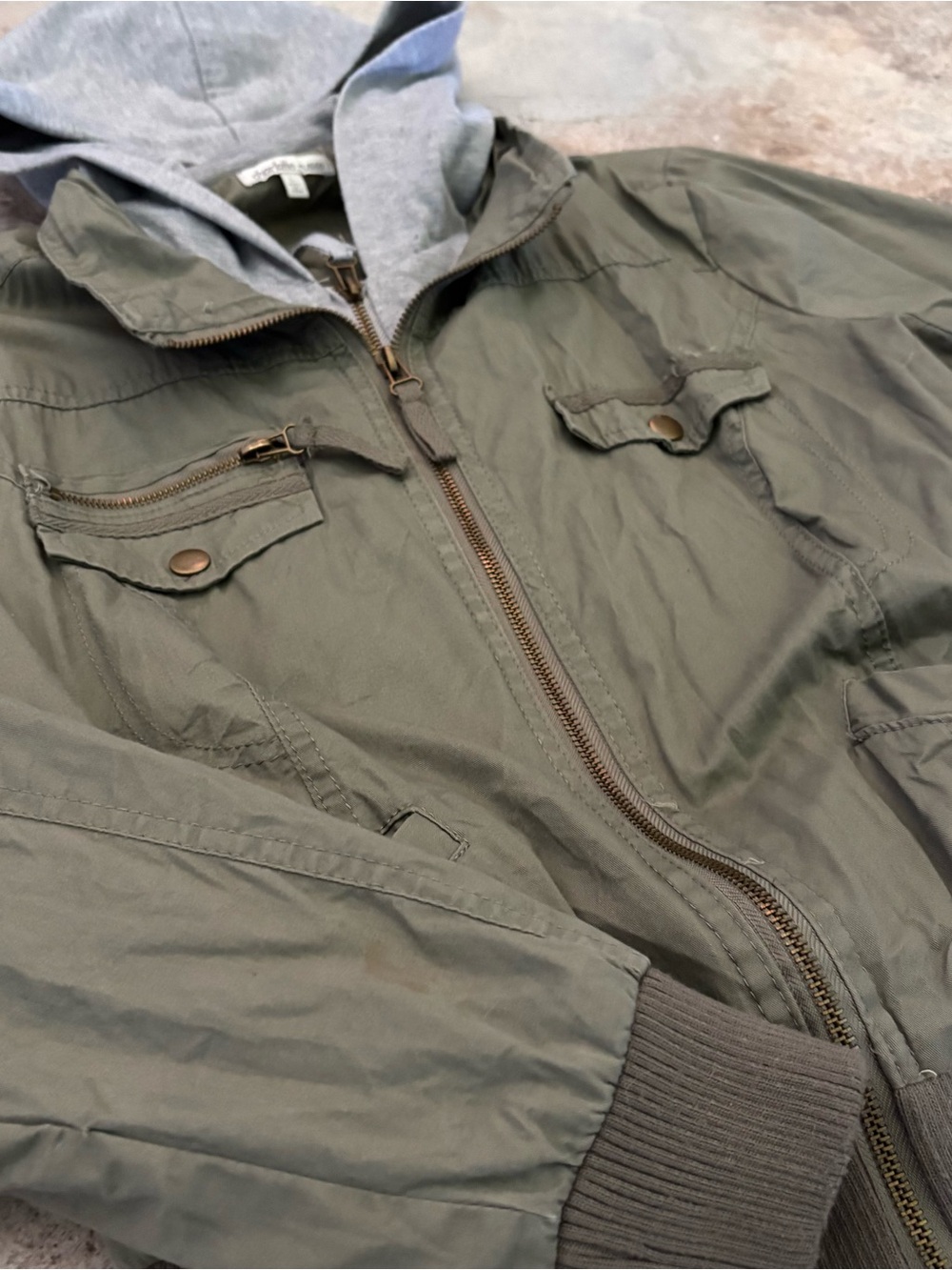 Charlotte Russe Olive Hooded Utility Bomber Jacket Dual Zipper Gray Hood Cropped - Picture 5 of 10
